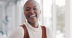 Black woman, face and laughing with smile in office, business and marketing agency in Atlanta. Happy female worker, success and portrait for career growth, goals and creative opportunity in startup