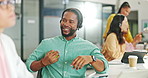 Call center, consulting or black business man with apple on computer for telemarketing, customer service contact us. Communication, sales or crm employee at help desk with fruit for technical support