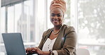 Portrait, face or black woman in office building with a happy smile working on email marketing online at desk. Human resources, startup or African worker in with motivation, goals or success mindset