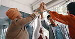 Success, team work or people high five in office for meeting sales kpi goals, winning or target achievement. Support, happy or employees in celebration of business growth, partnership or project deal
