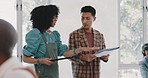 Business, black woman and Asian man with documents, tablet and office for conversation, walk and share ideas. Startup, employee and manager have discussion, brainstorming and check marketing schedule