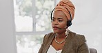 Contact us, telemarketing and crm, a black woman in customer service with headset and smile on face. Happy to help, call center agent or sales consultant on phone call, support and consulting online.