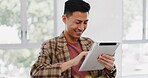 Tablet, research and creative with an asian man designer thinking about an idea while working on a design. Internet, innovation and search with a male employee at work in his marketing office