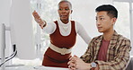 Leadership, black woman or manager mentoring an employee on SEO digital marketing strategy or feedback. Computer, report paperwork or advertising expert coaching, helping or training Japanese worker