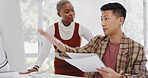 Leadership, black woman or manager mentoring an employee on SEO digital marketing strategy or feedback. Computer, report paperwork or advertising expert coaching, helping or training Japanese worker