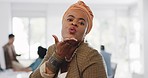Black woman, face and blowing kiss in office for entrepreneur happiness, management motivation and positive mindset energy. African woman, hand kisses and happy creative designer smile in workplace