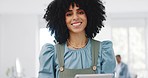 Face, business and black woman with tablet, connection and social media. Portrait, African American female or leader for digital marketing, fintech or communication for brand development or corporate