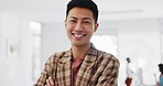 Arms crossed, pride and face of an Asian man in corporate, happy vision and working in advertising. Goals, smile and portrait of a businessman with success, confidence and happiness in the workplace