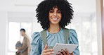 Face, business and black woman with tablet, connection and social media. Portrait, African American female or leader for digital marketing, fintech or communication for brand development or corporate