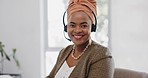 Face, customer service and black woman at call center consulting in office. Telemarketing, customer support or female sales agent, consultant and employee in communication, talking or speaking on mic