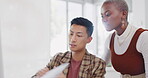Leadership, black woman or manager mentoring an employee on SEO digital marketing strategy or feedback. Computer, report paperwork or advertising expert coaching, helping or training Japanese worker
