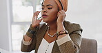 Call center, black woman and start with headphones in office for customer support, consulting and help. Woman, crm expert and customer service with computer, typing and telemarketing job at Atlanta