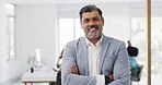 Senior businessman, portrait and crossed arms in office happy for leadership, management success vision and corporate ceo smile. Elderly manager, employee goals happiness and confident business owner