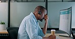 Call center, black man and headache on computer from stress, burnout and desktop glitch, pain and crisis. Frustrated telemarketing consultant tired of pc web problem, poor sales service and challenge