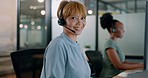 Face, business and woman in call center, telemarketing and customer support in office. Portrait, female agent or consultant with headset, conversation or consulting for digital marketing, crm or help