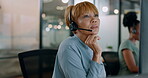 Call center, customer service and woman in office thinking while consulting. Telemarketing, customer support and female consultant, sales agent or employee reading on computer and working on ideas.