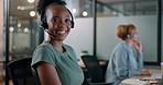 Face, business and woman in call center, telemarketing and customer support in office. Portrait, female agent or consultant with headset, conversation or consulting for digital marketing, crm or help