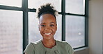 Black woman, happy and smile for career vision, ambition or successful goals at the workplace. Portrait of African American woman smiling in happiness and laughing in joy for job or success at office