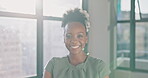 Happy black woman, smile and laugh for career vision, ambition or goals at the workplace. Portrait of African American woman smiling in happiness and laughing in joy for job or success at office