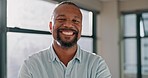 Face, business and black man with smile, office building or job leadership in management. Portrait of happy ceo, manager and boss with motivation, vision and success of company growth with lens flare