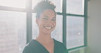 Window, face and business black woman for career motivation, success and smile in morning lens flare. Happy young worker or employee in workplace or office for internship, job opportunity in New York