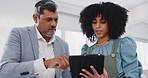 Corporate black woman, businessman or tablet for planning, schedule or analytics in office for teamwork. Woman, senior man and digital tech for social media marketing, strategy or focus in New York