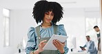 Face, business and black woman with tablet, connection and social media. Portrait, African American female or leader for digital marketing, fintech or communication for brand development or corporate