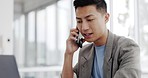 Phone call, email and Asian man planning on a laptop, financial communication and accounting discussion on a phone. Strategy, conversation and accountant reading on a pc while speaking on a mobile