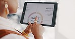 Tablet, hands or black woman with digital marketing data analytics for advertising analysis or web research. Digital agency, social media or worker monitoring content creation screen or SEO strategy