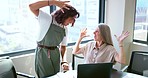 Success, handshake and business women with a laptop, celebrate win and email motivation. Fist bump, teamwork and excited employees reading communication on a computer with a partnership celebration