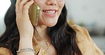 Phone, call and conversation of a woman on a mobile talking with happy communication. Happiness, technology and asian person smile while speaking on a online discussion on a phone call networking