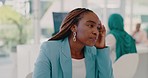 Business, stress and black woman in office, mental health and thinking. African American female, lady and administrator with headache, frustrated and planning schedule for digital marketing and tired