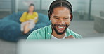 Working, business and happy black man on computer in office satisfied with marketing project progress. Success, pc and face smile of excited male employee reading good news, email or sales proposal.
