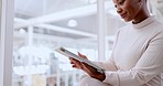 Corporate, tablet or black woman with connection, content marketing or online reading in workplace. African American female, ceo or lady with search internet, website update or typing on social media