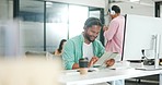 Black man, tablet or computer in coworking office, digital marketing startup or advertising company. Smile, happy or creative business designer on technology for logo branding ideas or website goals
