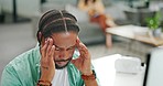 Black man, business and headache or stress with anxiety while working on a computer at office. Mental health of male employee tired of depression and burnout with fatigue, pain and frustrated