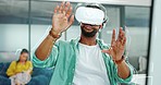 Virtual reality metaverse, augmented reality vr and black man work on cyber dashboard, digital transformation or ai software. Futuristic, headset and creative graphic designer with future simulation