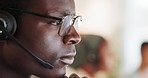 Telemarketing black man face and consulting for technical support, call center and crm. Salesman, consultant and help desk on technology in office for telecom, online questions and advisory solution