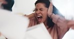 Stress scream, work chaos and black woman manager with office team documents and anger. Paperwork, anxiety and burnout of a frustrated worker with time management in a meeting with employee group