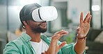 Virtual reality, vr metaverse and black man work on cyber dashboard, augmented reality or ai software. Digital transformation, future headset and creative graphic designer with futuristic simulation