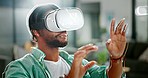 Virtual reality, vr metaverse and creative black man work on cyber dashboard, augmented reality or future ai software. Digital transformation, headset and graphic designer with futuristic simulation