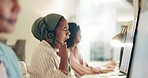 Tired, yawn and call center woman in office at night for telemarketing, customer service and crm consulting. Exhausted, sleepy and overworked muslim telecom agent with burnout, fatigue and help desk