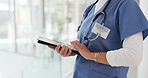 Digital tablet, research and woman doctor analyzing results from a health test in hospital. Technology, touchscreen and female healthcare worker researching medical treatment or medication in clinic.