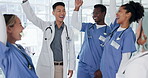 Doctor, hands or stack in teamwork motivation, collaboration or cheering in healthcare, wellness or life insurance. Smile, happy or clapping medical people in success, diversity or celebration circle