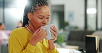 Business, coffee and black woman in office by computer working on sales or marketing project. Tea, pc or happy female employee or worker drinking espresso, cappuccino or caffeine in company workplace