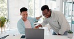 Laptop, winner and handshake with a business friends in celebration while working in the office. Partnership, success or motivation with a man employee and collegue celebrating a goal or target