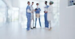 Blurred doctors, nurses or hospital meeting for surgery planning, treatment innovation or medicine research. Talking, men or healthcare women in teamwork, collaboration or diversity in defocused view