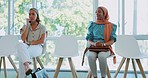 Hiring, nervous and recruitment waiting room of business people for job interview with human resources. Anxiety, company hr choice and Muslim and Asian marketing candidate for diversity job search