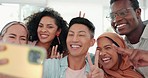 Selfie, peace and friends with a business team posing together in the office for a funny picture. Social media, teamwork or emoji with a man and woman employee group taking a photograph at work