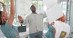 Team, business and employees with paper in the air, achievement or celebration for productivity, new project or sales growth. Teamwork, staff or throw documents for brand development or collaboration